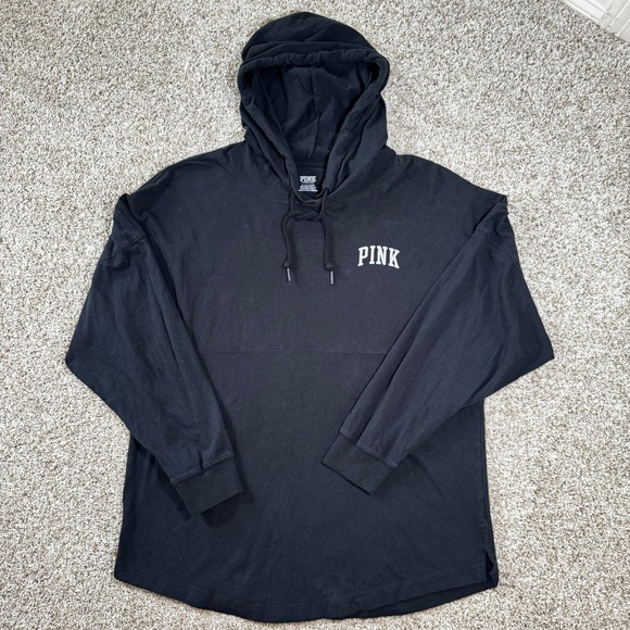 PINK Victoria's Secret Tops - PINK Victoria's Secret Black Glitter Logo Hooded Long Sleeve Tee Shirt Womens S